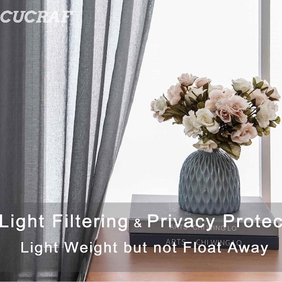 CUCRAF POLYESTER CRAFTSMAN SHEER GRAY 2 PANEL CURTAINS W54 x L63 - Picture 2 of 9